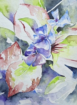 Aquarellbild von Tulpenblüten in kontrastreichen Gelb- Grün- und Grautönen